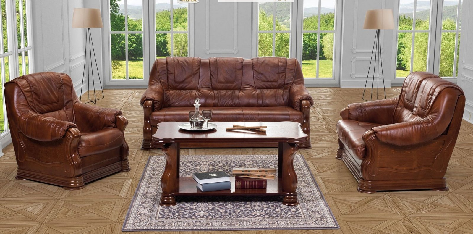 PARMA - skórzany zestaw mebli do stylowego salonu z ozdobnymi, drewnianymi bokami