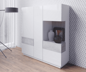 SILKE 46  witryna trzydrzwiowa z przeszkleniem - BIAŁY POŁYSK - DĄB WOTAN - MATERA - BETON - Biały/colorado beton