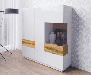 SILKE 46  witryna trzydrzwiowa z przeszkleniem - BIAŁY POŁYSK - DĄB WOTAN - MATERA - BETON - Biały/dąb wotan