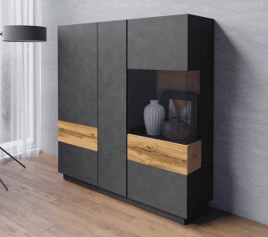 SILKE 46  witryna trzydrzwiowa z przeszkleniem - BIAŁY POŁYSK - DĄB WOTAN - MATERA - BETON - Matera/dąb wotan