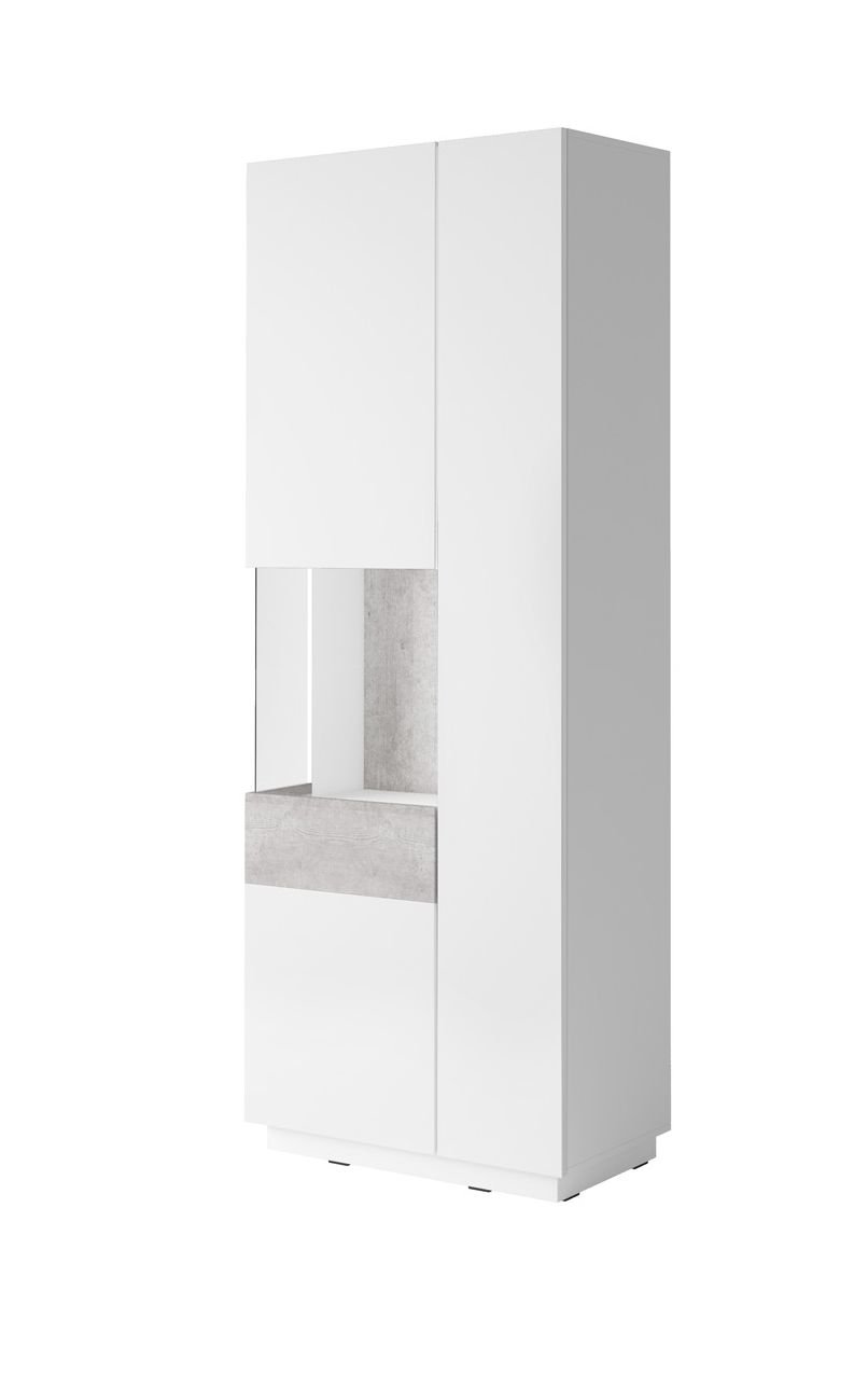 SILKE 12 wysoka witryna dwudrzwiowa z przeszkleniem - BIAŁY POŁYSK - BETON COLORADO