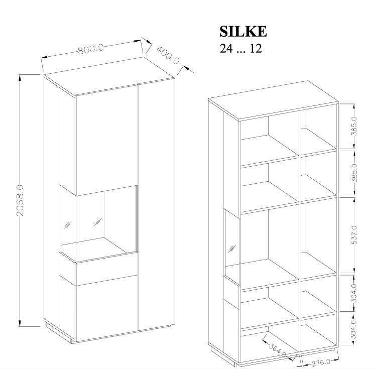 SILKE 12 wysoka witryna dwudrzwiowa z przeszkleniem - BIAŁY POŁYSK - DĄB WOTAN - wymiary