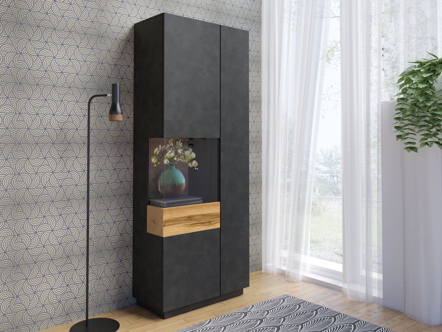 SILKE 12 wysoka witryna dwudrzwiowa z przeszkleniem - GRAFIT MATERA - DĄB WOTAN - HELVETIA