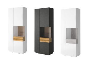 SILKE 13 wysoka witryna dwudrzwiowa z przeszkleniem 80 cm – BIAŁY POŁYSK – DĄB WOTAN – MATERA – BETON