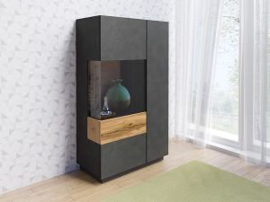 SILKE 42 witryna dwudrzwiowa z przeszkleniem – BIAŁY POŁYSK – DĄB WOTAN – MATERA – BETON - Matera/dąb wotan