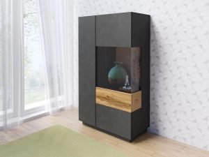 SILKE 44 witryna dwudrzwiowa z przeszkleniem – BIAŁY POŁYSK – DĄB WOTAN – MATERA – BETON - Matera/dąb wotan