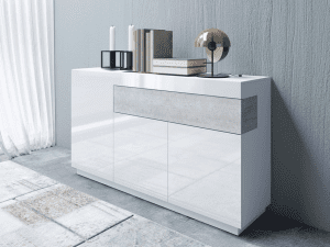 SILKE 43 komoda trzydrzwiowa z szufladą 150 cm – BIAŁY POŁYSK – DĄB WOTAN – MATERA – BETON - Biały/colorado beton