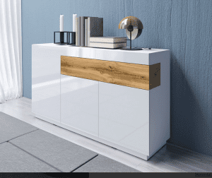 SILKE 43 komoda trzydrzwiowa z szufladą 150 cm – BIAŁY POŁYSK – DĄB WOTAN – MATERA – BETON - Biały/dąb wotan