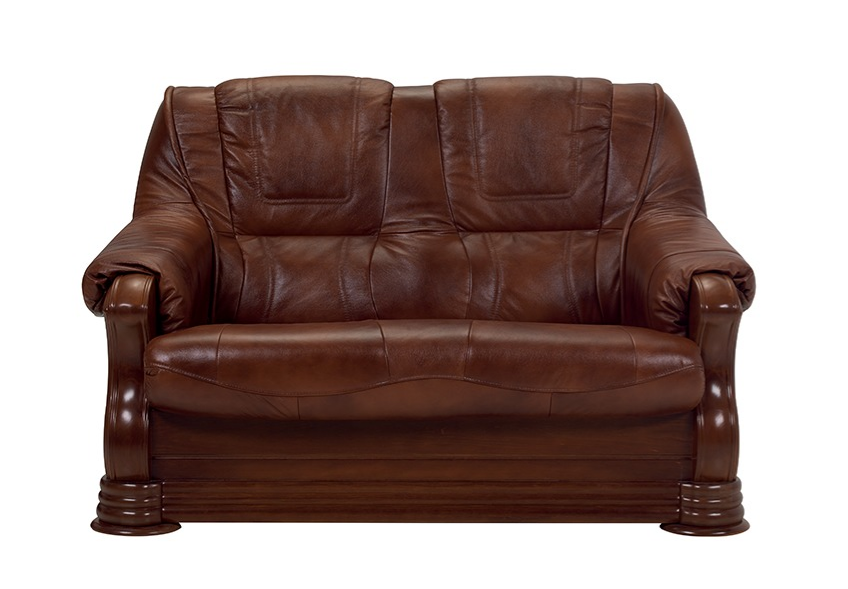 PARMA 2 skórzana sofa dwuosobowa z drewnianymi, ozdobnymi bokami