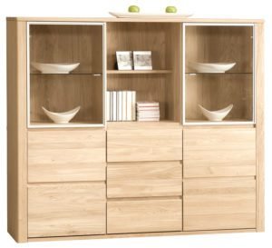 ORLANDO-47 szeroka witryna dębowa z szufladami i podświetleniem - bianco, bursztyn, natura 180 cm