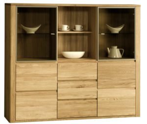 ORLANDO-47 szeroka witryna dębowa z szufladami i podświetleniem - bianco, bursztyn, natura 180 cm - Dąb natura