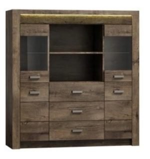 INDIANA-22 wysoka komoda z szufladami i przeszkleniem 140 cm Jesion Ciemny