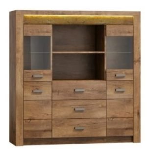 INDIANA-22 wysoka komoda z szufladami i przeszkleniem 140 cm Jesion Jasny