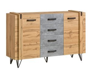 YOUNTH ROOM dwudrzwiowa komoda z szufladami na wysokich nóżkach w stylu loft 135 cm, JASNY BETON - DĄB WOTAN
