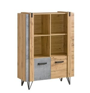 YOUNTH ROOM dwudrzwiowy regał z półkami na wysokich nóżkach w stylu loft 90 cm, JASNY BETON - DĄB WOTAN