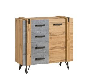 YOUNTH ROOM jednodrzwiowa komoda z szufladami na wysokich nóżkach w stylu loft 90 cm JASNY BETON - DĄB WOTAN