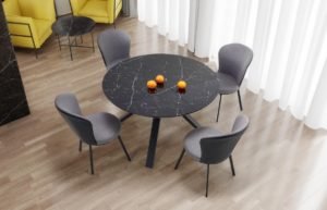 VERTIGO - okrągły stół rozkładany, blat czarny marmur, nogi czarne, loft