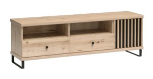 CALI-C6 szeroka komoda, szafka RTV pod telewizor na nóżkach z szufladami i lamelami, DĄB ARTISAN - CZARNY MAT, Jarstol