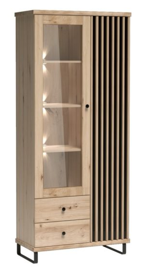 CALI-C2 wysoka witryna z szufladami i lamelami na nóżkach oraz montażem, DĄB ARTISAN - CZARNY MAT