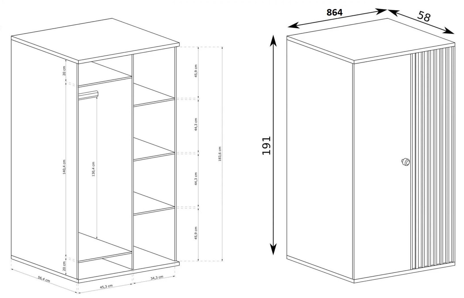 CALI-C1 - szafa swudrzwiowa z lamelami - wymiary