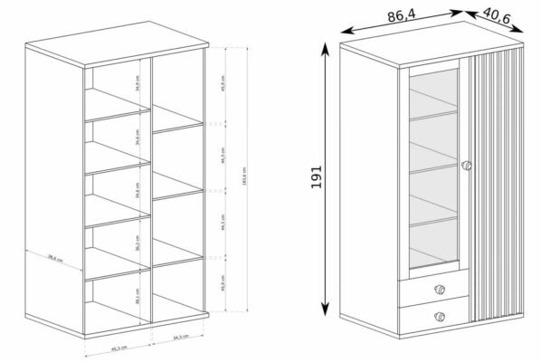 CALI-C2 wysoka witryna z szufladami i lamelami oraz montażem, DĄB ARTISAN - CZARNY MAT