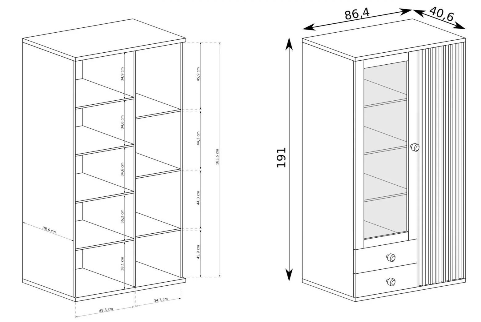 CALI-C2 wysoka witryna z szufladami i lamelami oraz montażem, DĄB ARTISAN - CZARNY MAT