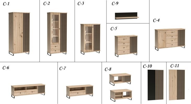CALI - zestawienie brył systemu na nóżkach, DĄB ARTISAN - CZARNY MAT