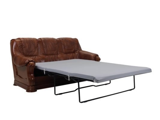 PARMA 3 - skórzana sofa trzyosobowa z funkcją spania do stylowego salonu z ozdobnymi, drewnianymi bokami