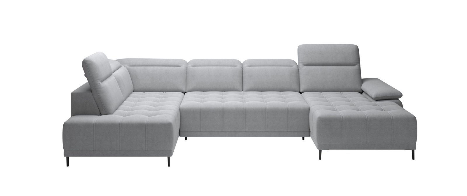 FOCUS XL - szary narożnik U z elektrycznie wysuwanym siedziskiem i ruchomymi zagłówkami, na nóżkach