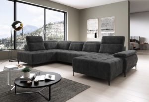 FOCUS XL - antracytowy narożnik U z elektrycznie wysuwanym siedziskiem i ruchomymi zagłówkami, na nóżkach