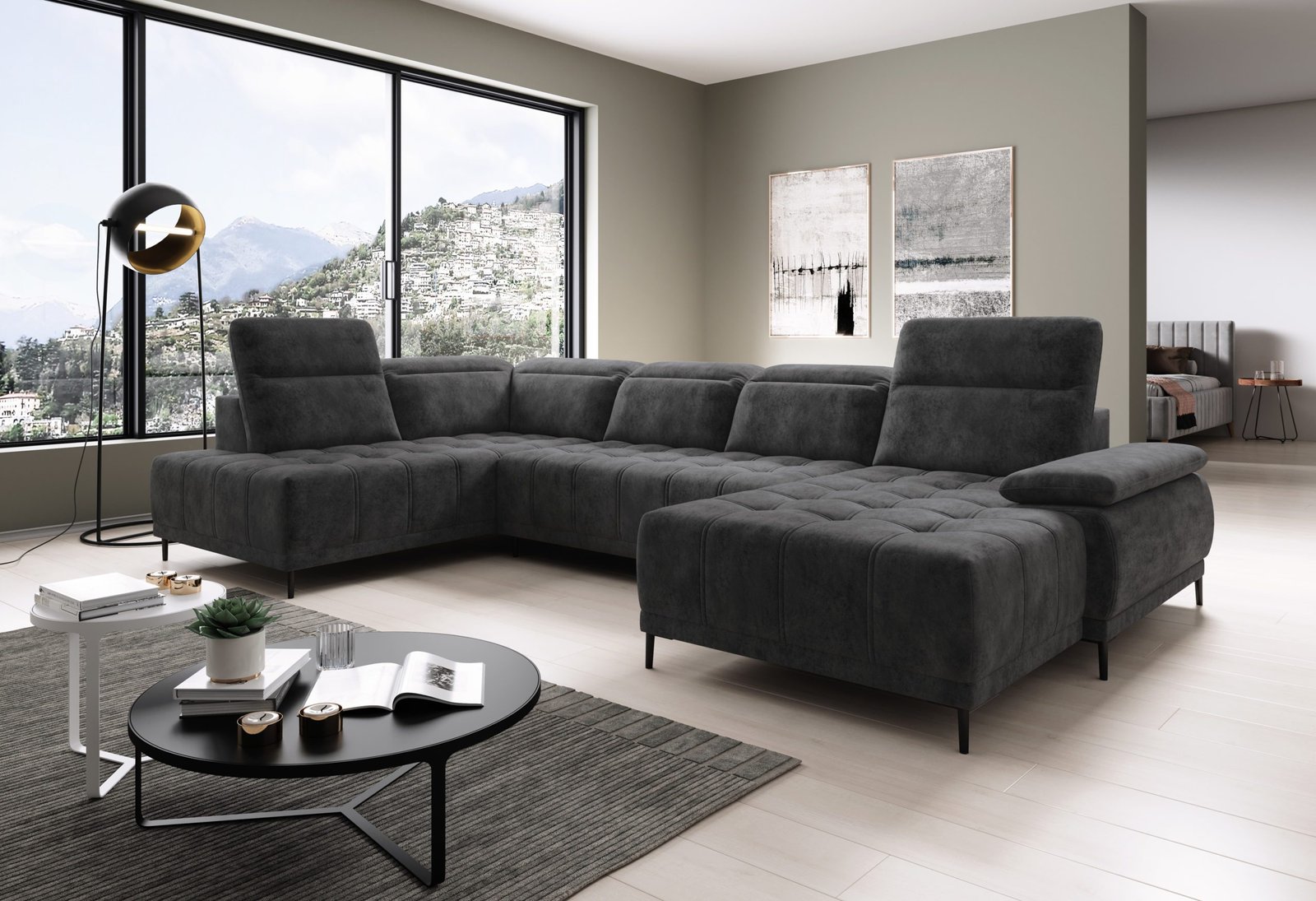 FOCUS XL - antracytowy narożnik U z elektrycznie wysuwanym siedziskiem i ruchomymi zagłówkami, na nóżkach