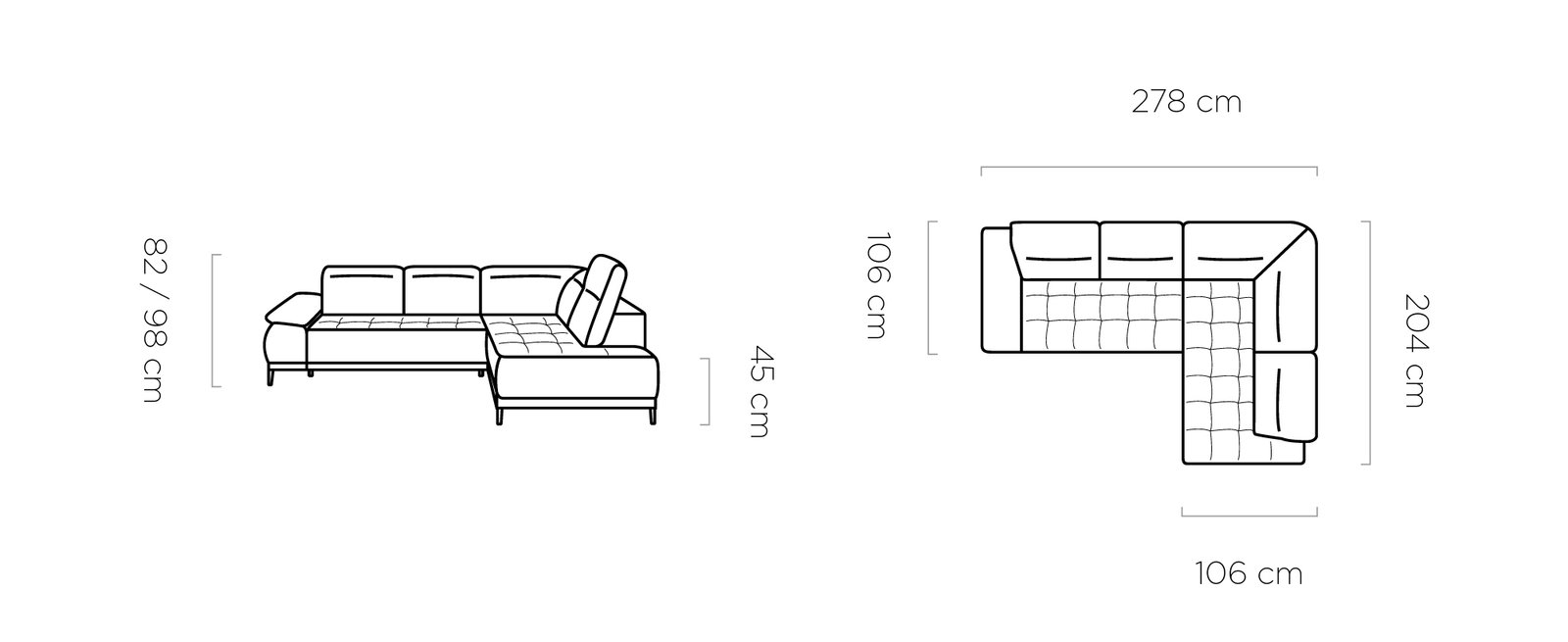 FOCUS L narożnik na nózkach z elektrycznie wysuwanym siedziskiem i ruchomymi zagłówkami