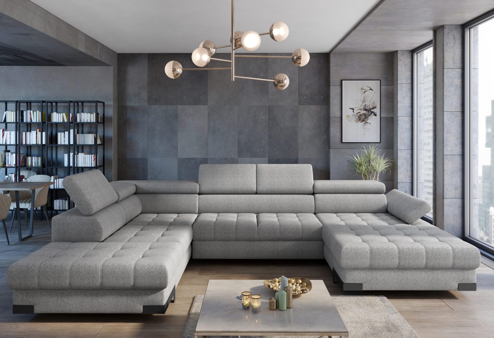 SELVA XL - narożnik rozkładany z pojemnikiem na pościel, na nóżkach