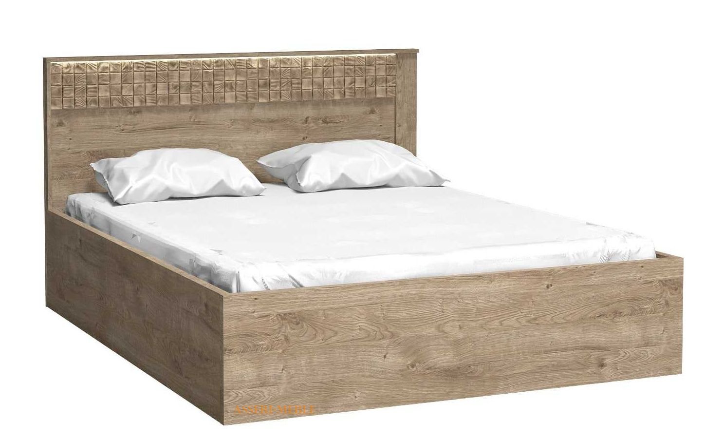 NATURAL N17 nowoczesne łóżko do sypialni z pojemnikiem i podświetlanym wezgłowiem i ozdobną deską szczotkowaną - KRATKA - DĄB RIBBECK