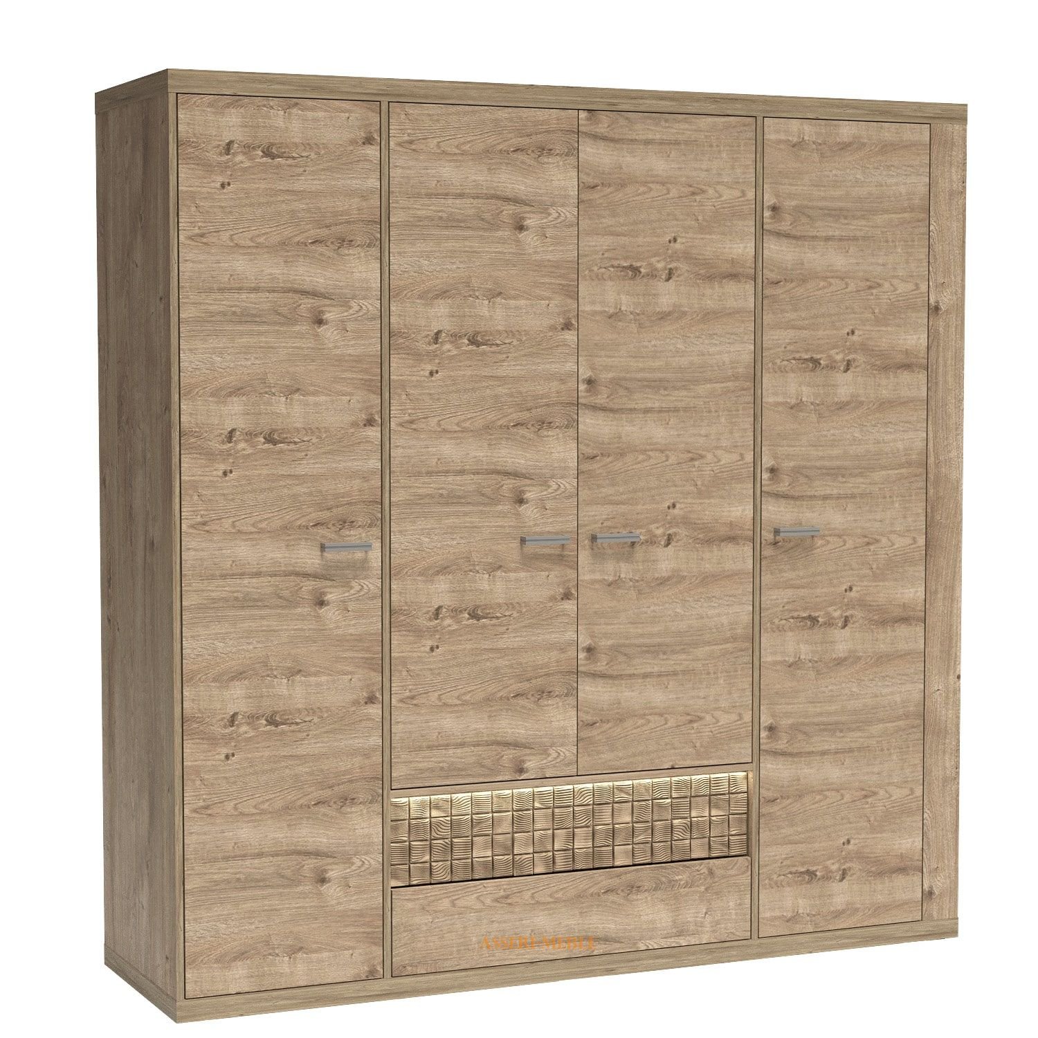 NATURAL N3 szeroka czterodrzwiowa szafa z szufladami, podświetleniem i ozdobną deską w kolorze DĄB RIBBECK - JARSTOL NATURAL N3 szeroka czterodrzwiowa szafa z szufladami, podświetleniem i ozdobną deską w kolorze DĄB RIBBECK - JARSTOL