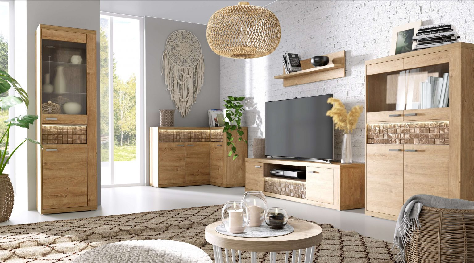 NATURAL - nowoczesny zestaw mebli do salonu z podświetleniem i ozdobnymi dodatkami w kolorze DĄB RIBBECK - JARSTOL