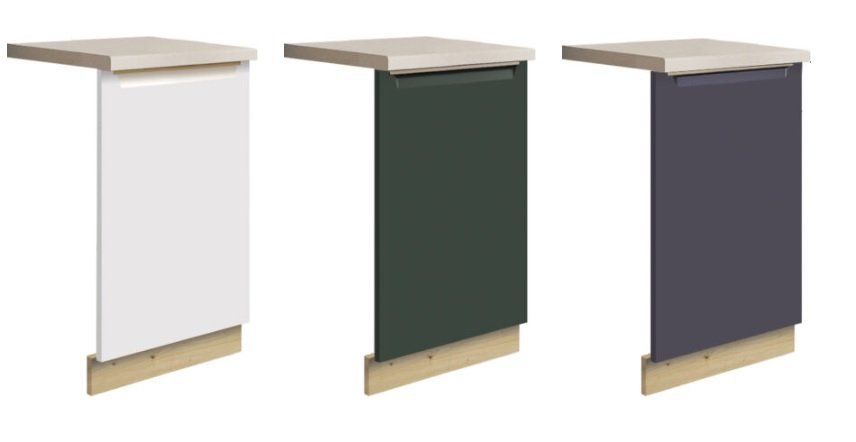 meble kuchenne front zmywarki biały, zielony, niebieski mat