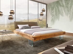 BEAM - dębowe łóżko do sypialni na szklanych nogach 200 x 200 cm