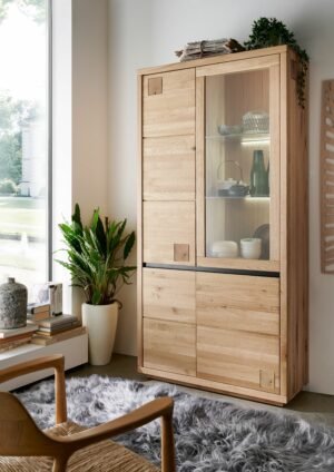 FURNI - szeroka witryna dębowa 100 cm z podświetleniem