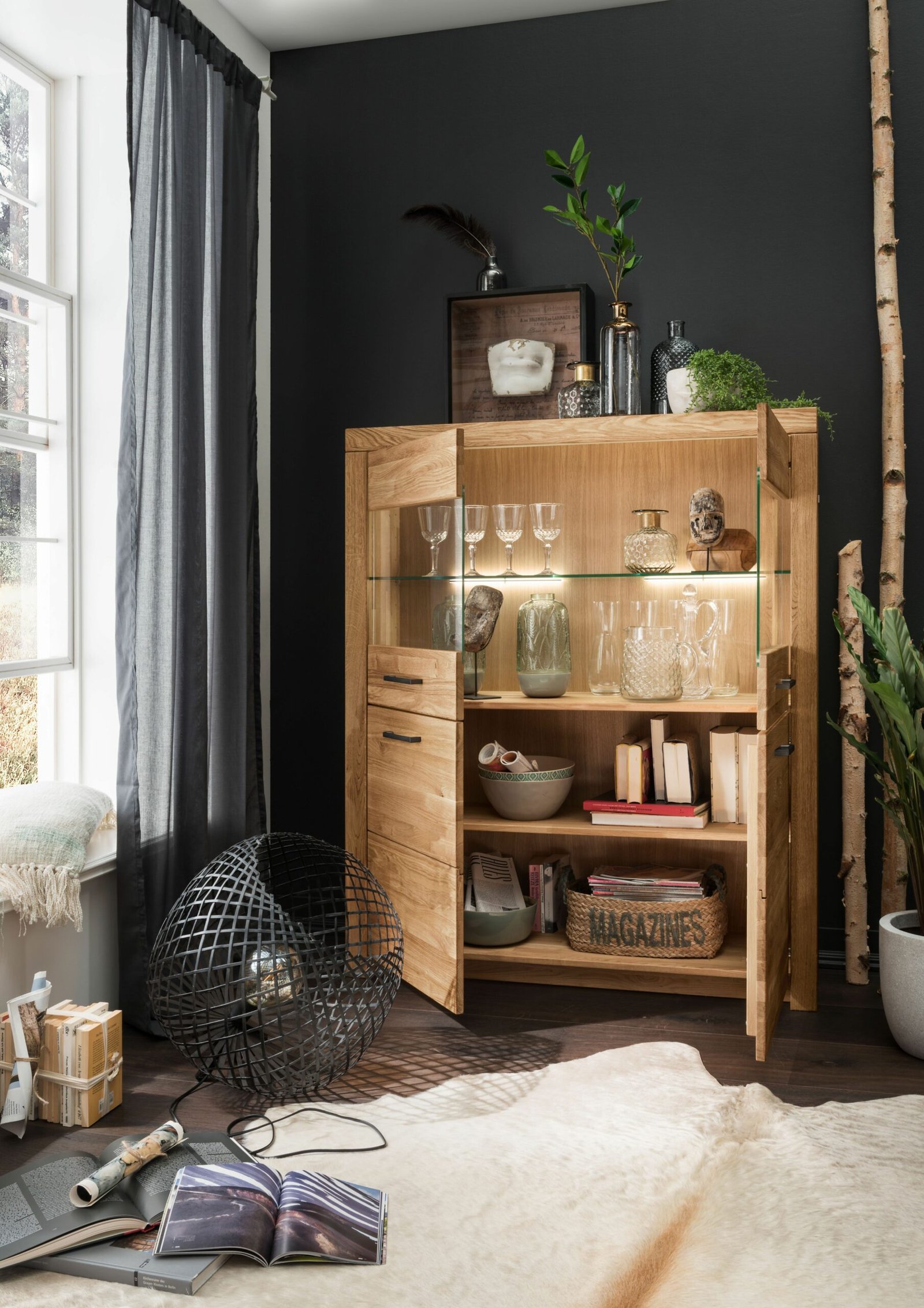 SOLID - kredens, witryna dębowa do salonu, otwarta