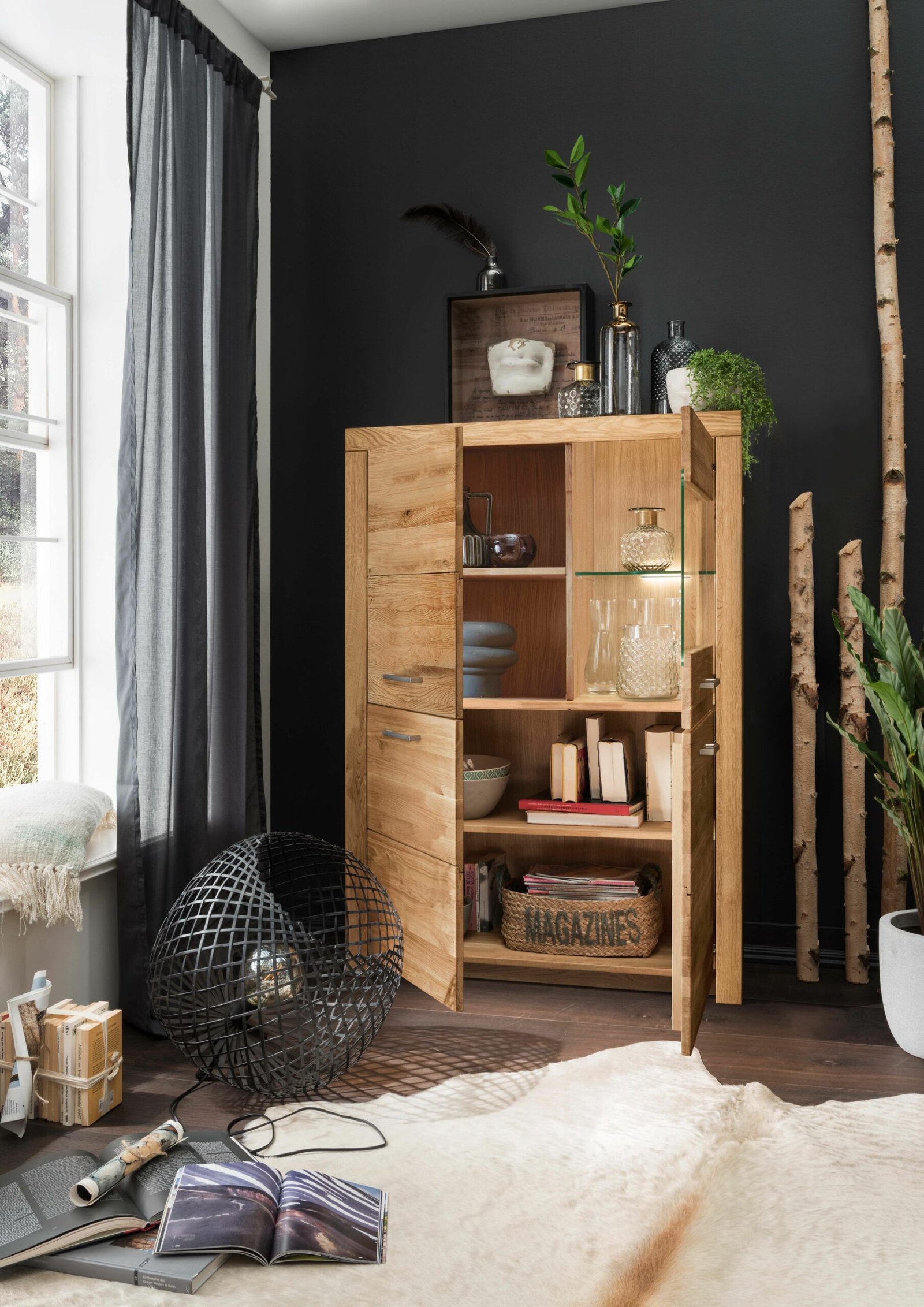 SOLID - kredens, witryna dębowa do salonu, prawa, otwarta