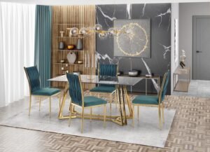 KONAMI - stół z czarnym szklanym blatem i złotymi nogami w stylu glamour 90x160 cm