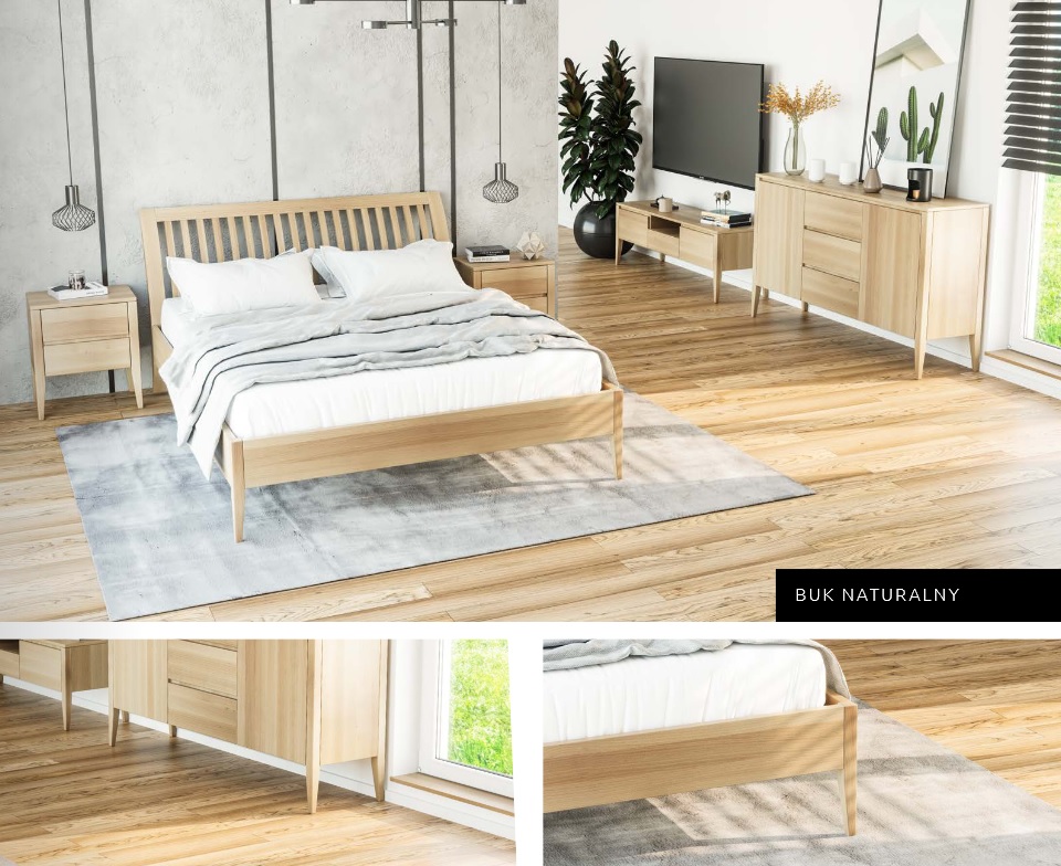 SLIM - sypialnia z drewna bukowego, łóżko szafka nocna, komoda