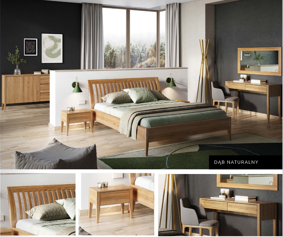 SLIM - sypialnia z drewna dębowego, łóżko szafka nocna, komoda