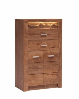 INDIANA-6 wąska komoda dwudrzwiowa z szufladami, ozdobną deską i podświetleniem 80 cm Jesion Jasny