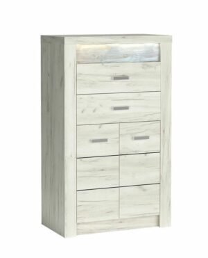 INDIANA-6 wąska komoda dwudrzwiowa z szufladami, ozdobną deską i podświetleniem 80 cm Kraft Biały