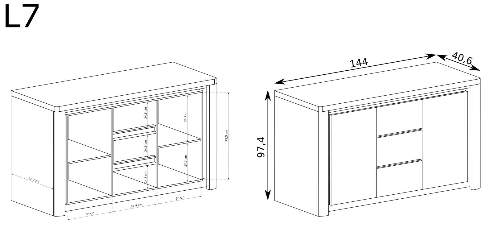 LIVINIO-7 komoda dwudrzwiowa z szufladami i podświetleniem, Dąb Ribbeck - Biały Połysk