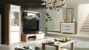 LIVINIO - zestaw mebli do salonu Dąb Ribbeck - Biały Połysk