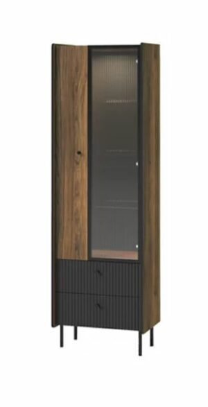 PRESTIGO-3 przeszklona witryna dwudrzwiowa z szufladami na nóżkach 60 cm Orzech - Czarny Mat