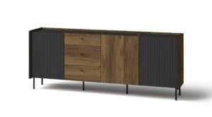 PRESTIGO-6 trzydrzwiowa komoda z szufladami na nóżkach 200 cm Orzech - Czarny Mat